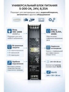 Блок питания 24V, 8.33A, 200W для светодиодных лент, вывесок Блок питания 24V, 8.33A, 200W для светодиодных лент, вывесок