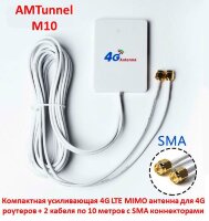 Компактная усиливающая 4G LTE MIMO антенна для 4G роутеров + 2 кабеля по 10 метров c SMA коннекторами, модель AMTunnel М10 Компактная усиливающая 4G LTE MIMO антенна для 4G роутеров + 2 кабеля по 10 метров c SMA коннекторами, модель AMTunnel М10